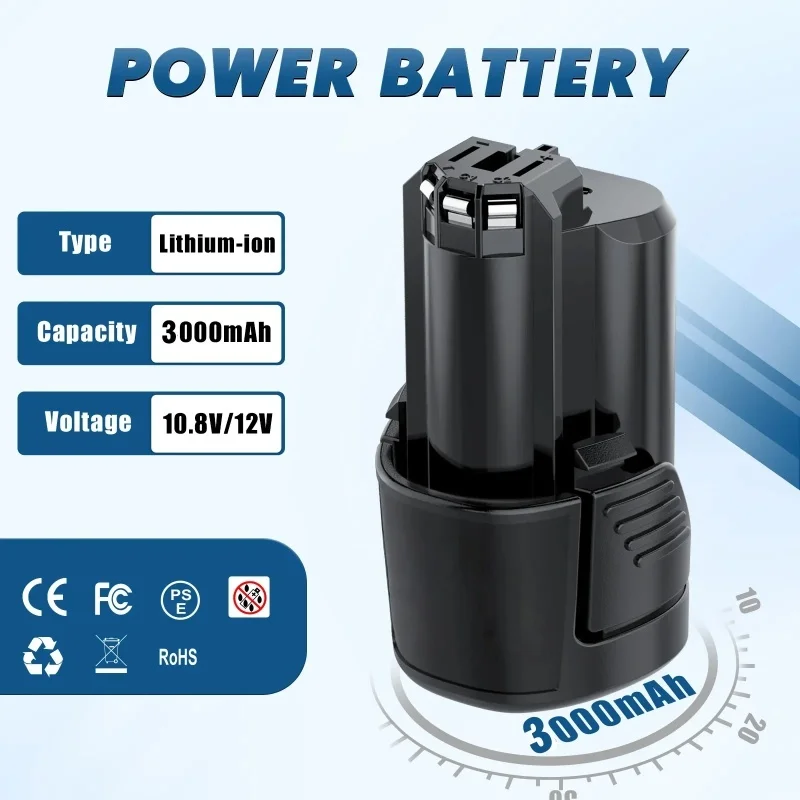 3000mAh high-density battery cell, stable voltage output of 10.8V, providing long-lasting performance for professional tools.