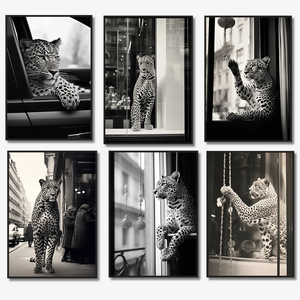 Leopard Car Window Photo Cheetah Poster Black and White Art, Vintage Photography Canvas Painting Fashion Wall Home Decor