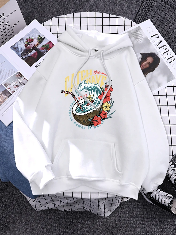 Catch The Wave Surf Happiness Comes In Waves Female Hoody Crewneck Hip Hop Clothes Casual Fleece Pullover Multicolor New Hoodie