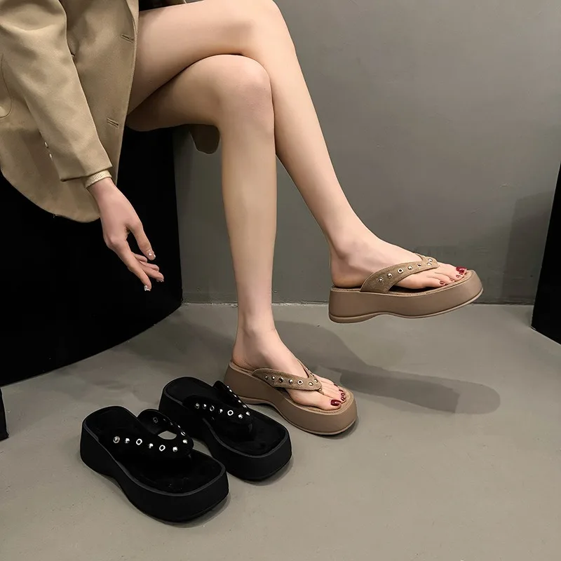 

Two-pair Toe Clip-on Long Boots for Women in Summer, Thick-soled Flip-flops, Retro Mid-calf Height-increasing Women's Cool Boots