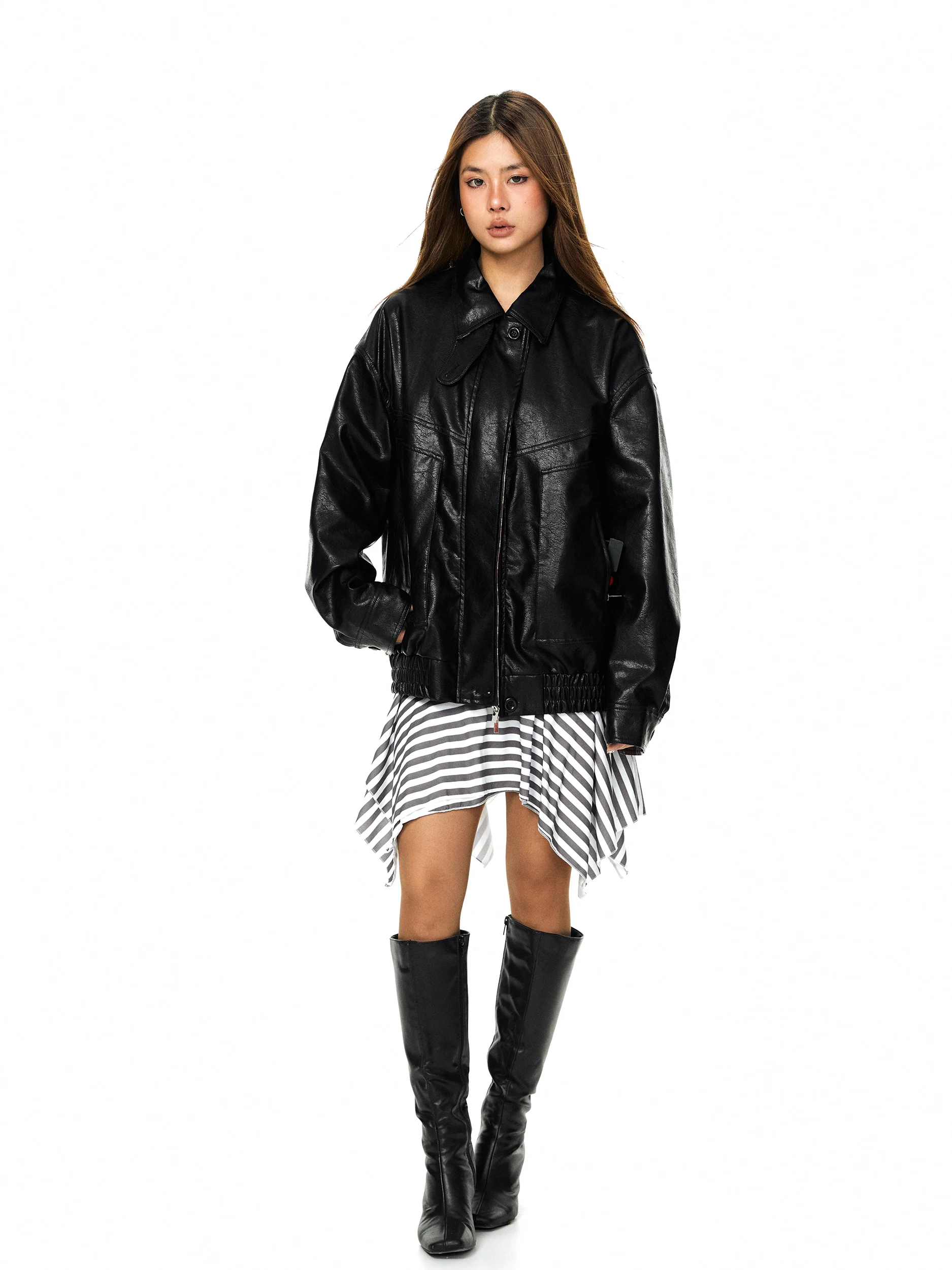 Blabb Veste en PU texturée à empiècements écossais pour femme, coupe ample et décontractée, style vintage, pour le début du printemps