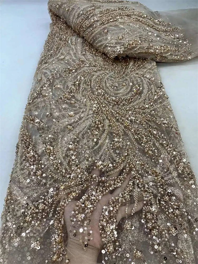Tessuto di pizzo ricamato con paillettes di lusso nigeriano di alta qualità Tessuto di pizzo francese fatto a mano in tulle con perline per abiti da sposa da donna