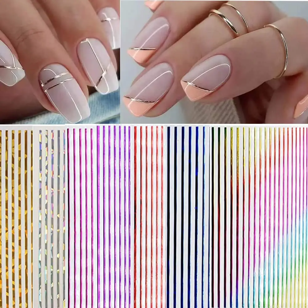 1Sheet Strip Line Nails Stickers, 3D Metallic Laser Line Gold Silver Adhesive Striping Tape Nail Decals Nail Art Design Decor