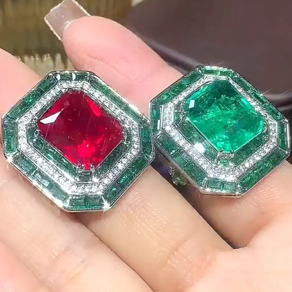 Imagem -04 - Kqdance-grande Retângulo Esmeralda Rubi Pedras Preciosas para Mulheres Criado Anéis de Diamante Grande Pedra Verde Vermelha 12x14 mm Jóias de Luxo