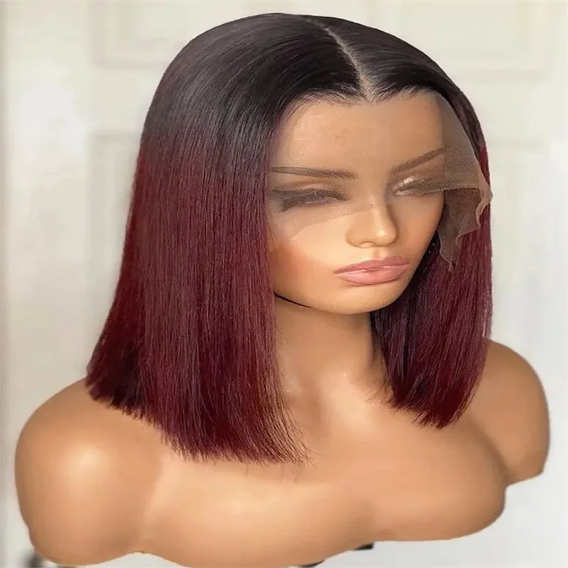 Soft 16‘’ Short Bob Ombre Wine Red Silky Straight Lace Front Wigs For Black Women With Baby Hair Heat Resistant Glueless Daily