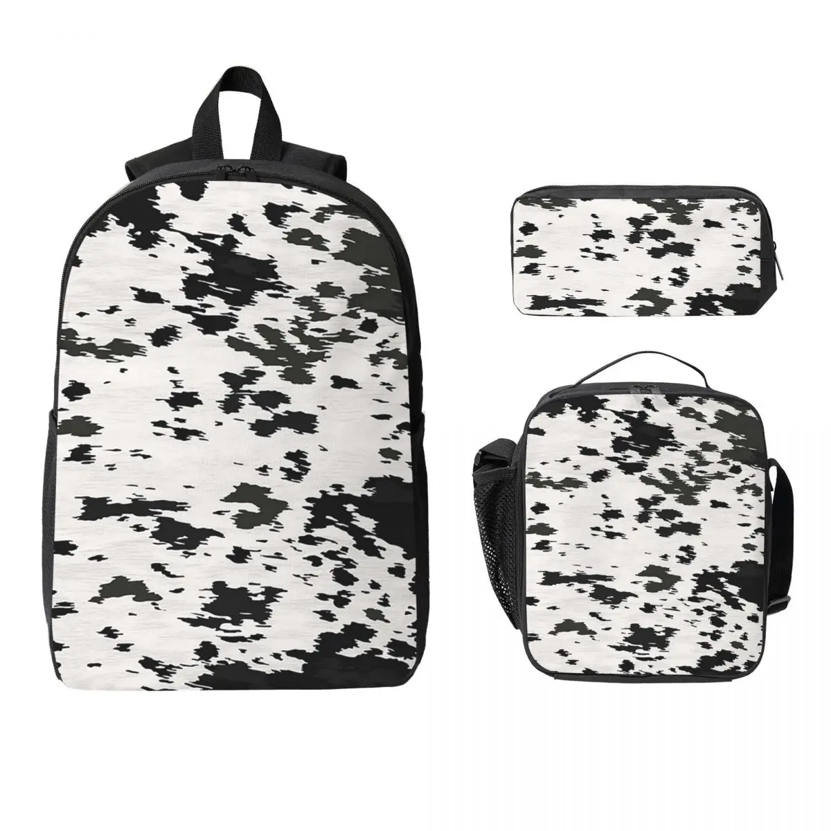 Cow Hide Black And White Backpack Student BookBag School Bag Computer Shoulder Bags 3ps Insulated Lunch Bag Pencil Case
