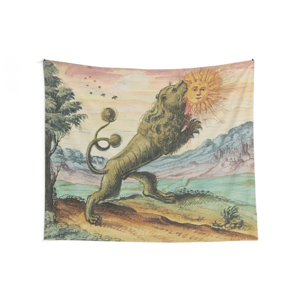 The Lion Eating The Sun Antique Alchemy Illustration Tapestry Wallpaper Bedroom Room Decore Aesthetic Tapestry