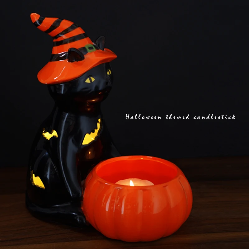 Ting Ke-European Hollow Bat Pattern Ceramic Ornament, Black Cat, Halloween Decoration, Pumpkin Candle Holder