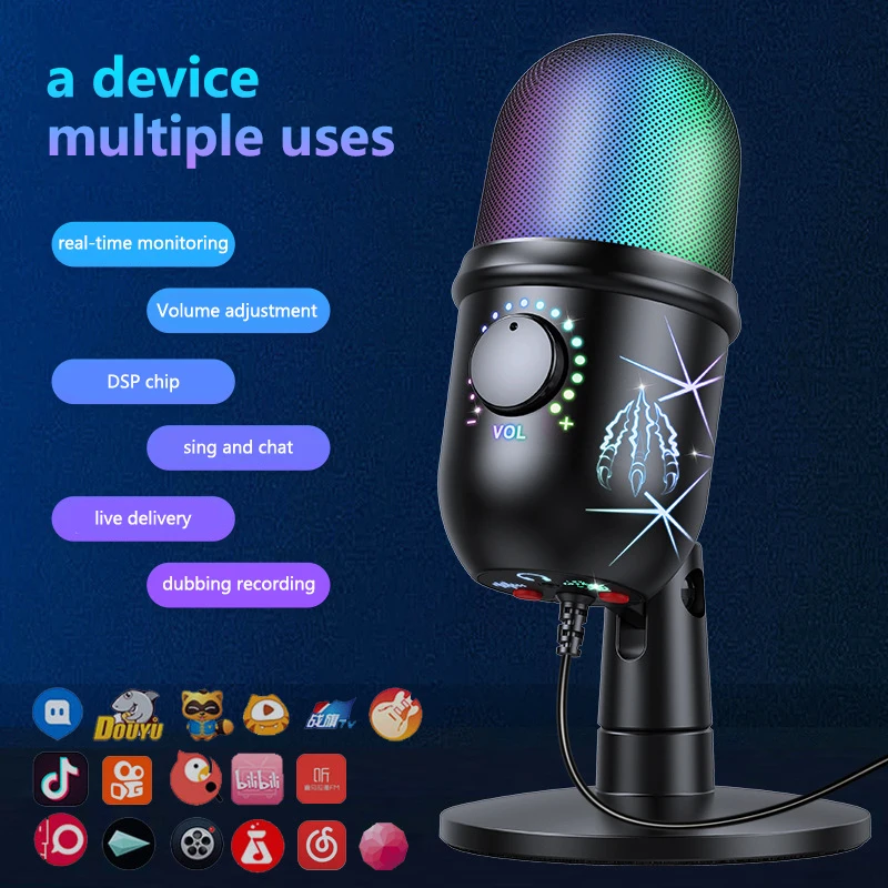 V5 السلكية ستوديو البث ميكروفون Usb تيار تسجيل سطح المكتب Usb مكثف هيئة التصنيع العسكري إلغاء الضوضاء RGB الألعاب ميكروفون