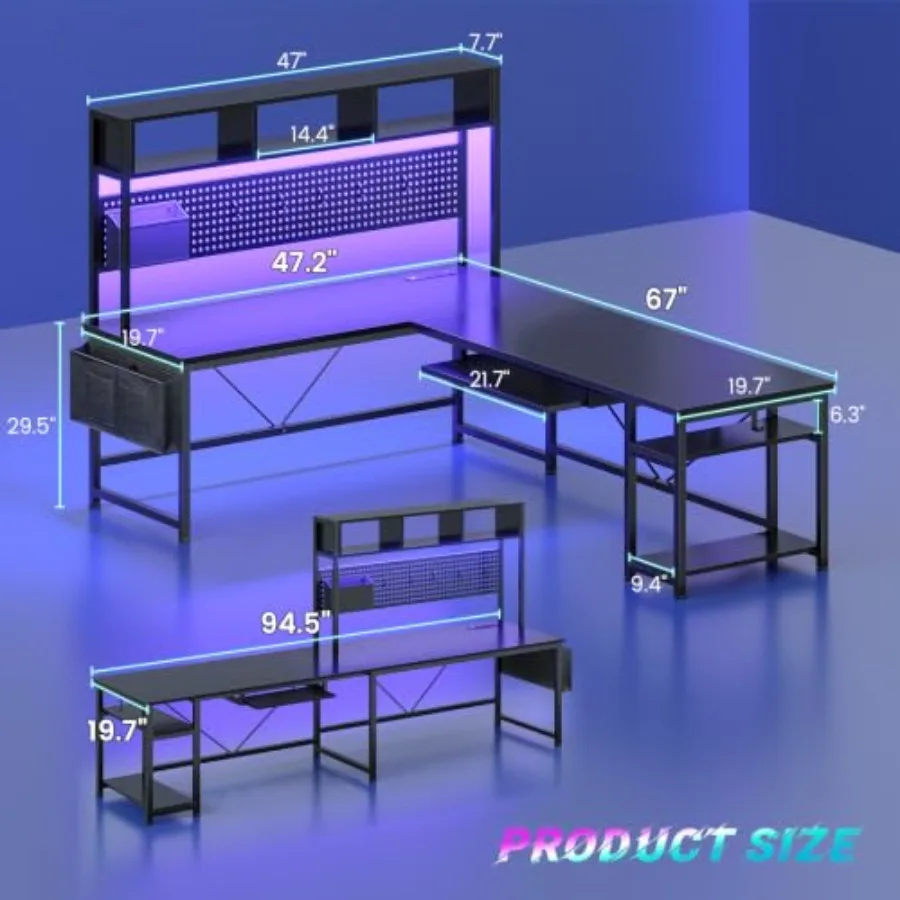 67 L Shaped Gaming Desk for Home Office Use, Engineered Wood in Matte Black, Built-in Pegboard, RGB LED Lights, and Integrated