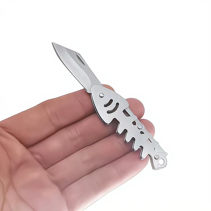 Fish Bone Creative Unboxing Knife with Hanging Key, Metal Pocket Mini Stainless Steel Multifunctional Portable Folding Knife