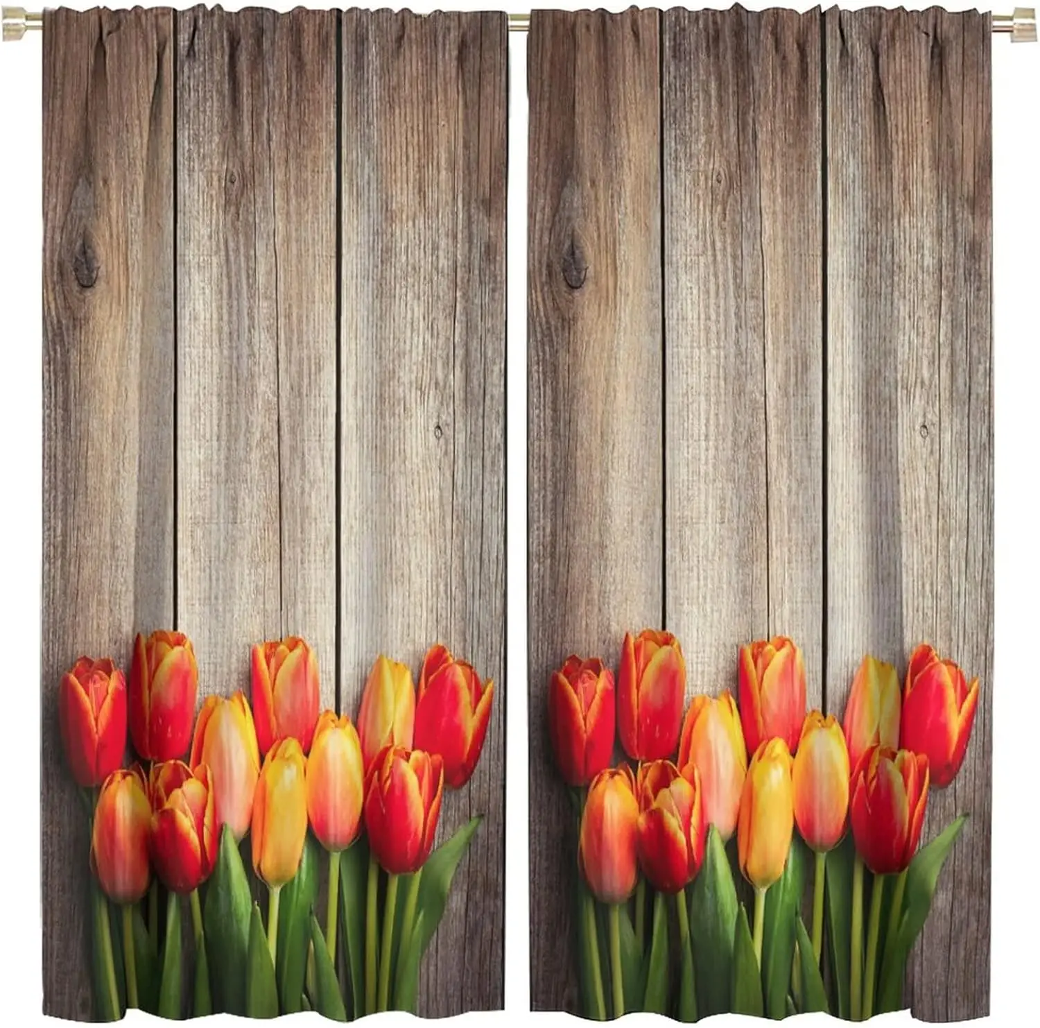 Flowers Wooden Board Blackout Window Curtain，Colorful Tulip Flowers on Wooden Board Blackout Curtains for Kitchen Bedroom