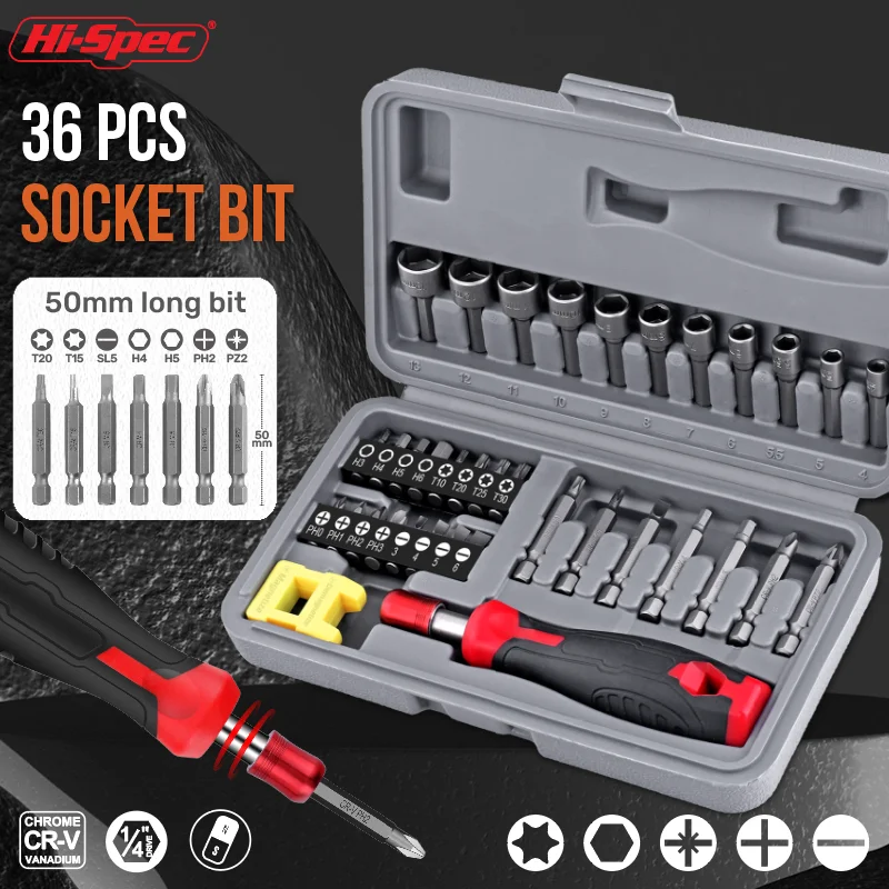 Hallo-Spec 36PC 1/4-zoll Selbst-Locking Griff Hand Werkzeug Set Schraubendreher-bits Auto Reparatur Tool Kit mechanische Werkzeuge Box Buchse Ratsche