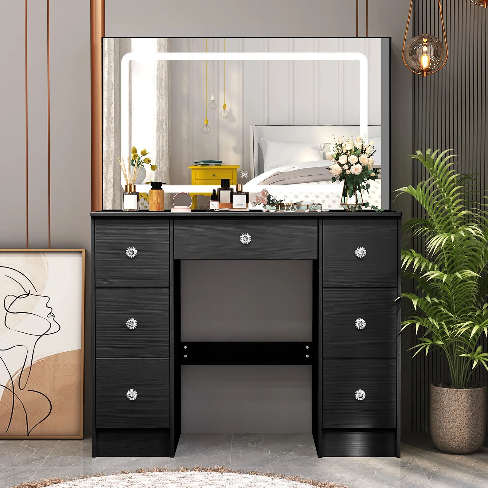 Black Makeup Vanity Dressing Table With LED Lighted Large Mirror Crystal Knobs Multi‑Drawers Storage Cosmetic Desk For Bedroom