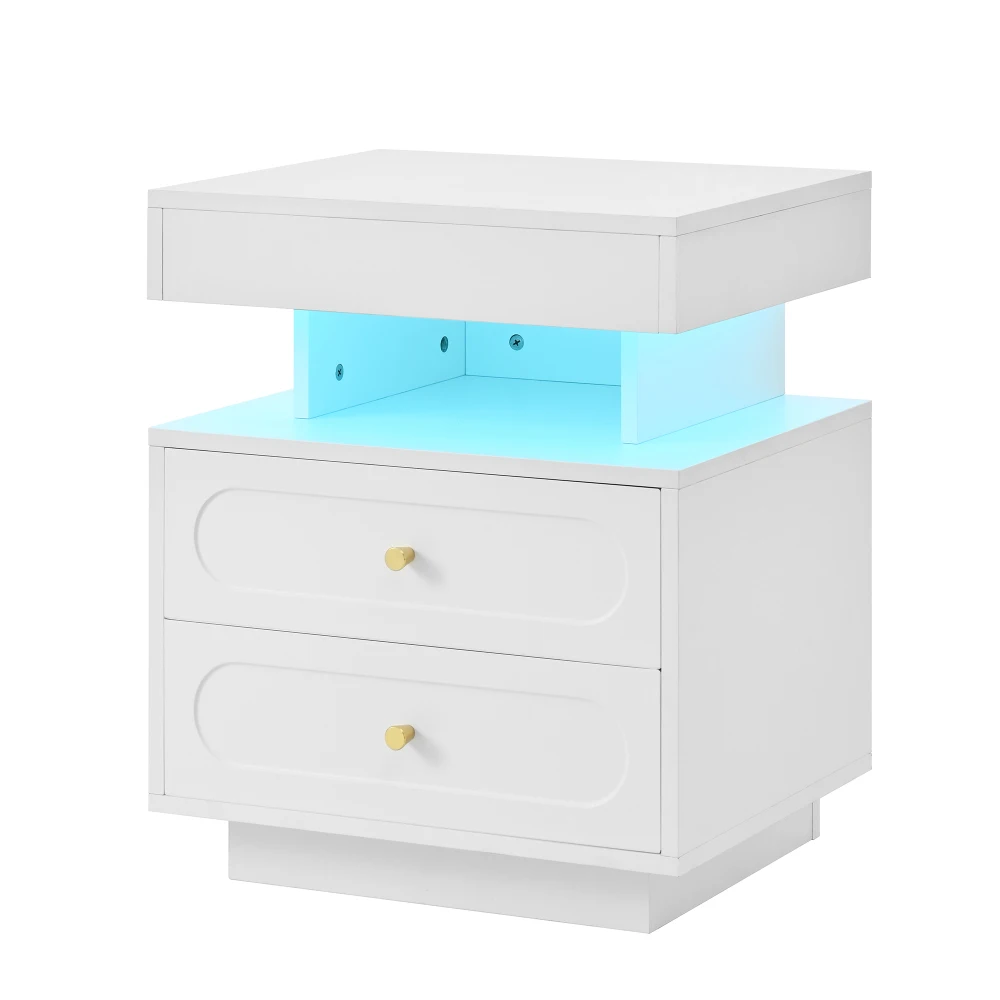 PINGGO LED-Nachttisch, 2 Schubladen, 1 offener Stauraum, weißer Nachttisch, Größe 100 x 40 x 60 cm, Schlafzimmermöbel – Detail 13