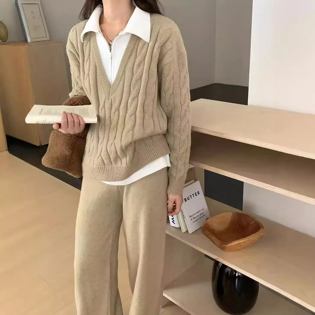 

Women's Autumn Winter Thickened Twisted Sweater Set Polo Collar Fake Two-Piece Knitted Top with Wide Leg Pants Two-Piece Set