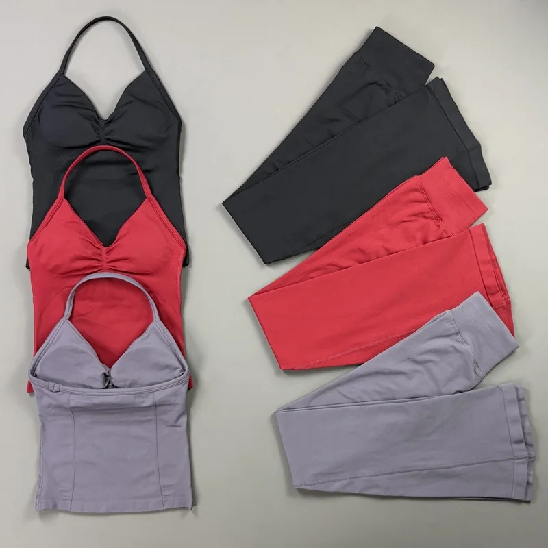 Women Halter Top Flare Leggings Set Seamless Longline Strappy Top and Sports Flare Pants Fitness Sets Sexy Workout Gym Yoga Sets