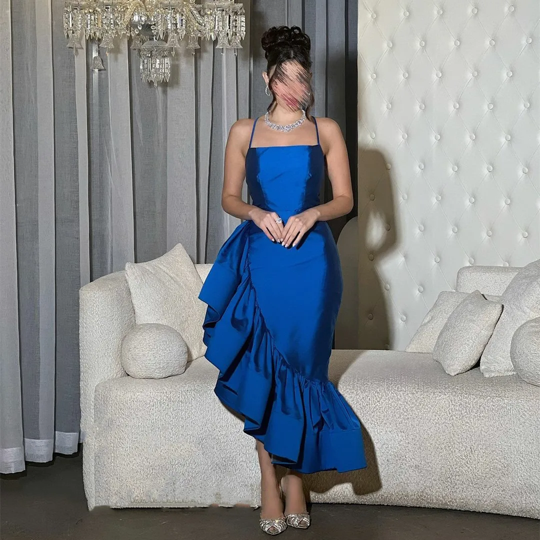 

Короткие королевские синие вечерние платья из тафты по индивидуальному заказу, асимметричное платье русалки с рюшами для свадебного гостя для женщин