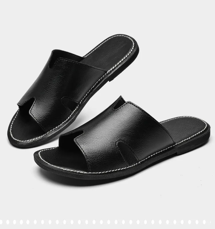 2024 New Designer Men Genuine Leather Slipper Summer Fashion Slides Simple Sandals Comfortable Cool Beach Shoes