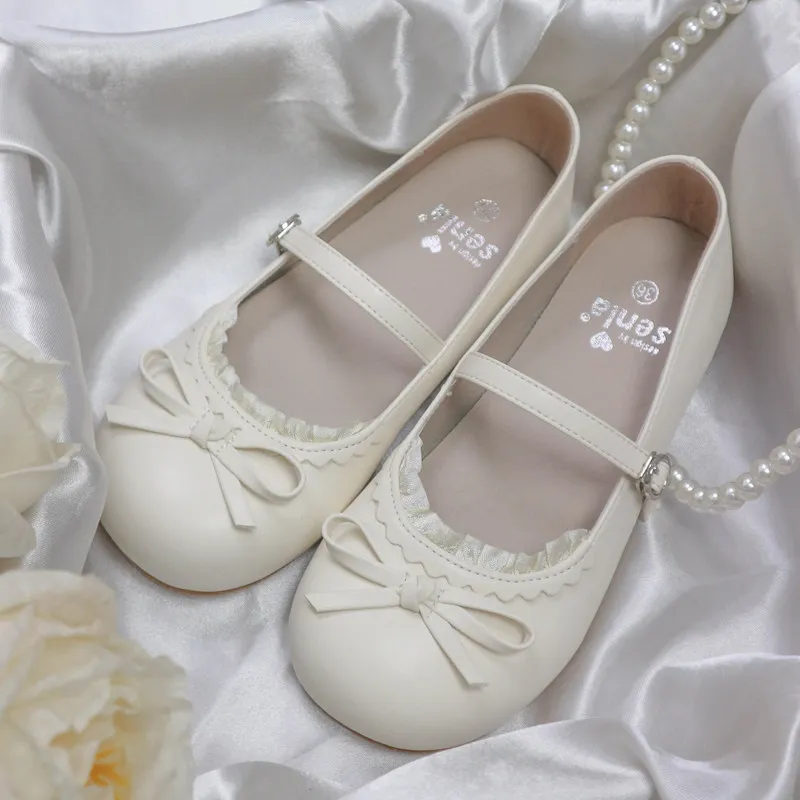 Pearlescent Generation Original Cute Bow Flat Single Shoes Women's Round Head Lolita Shoes Flats Shoes Women