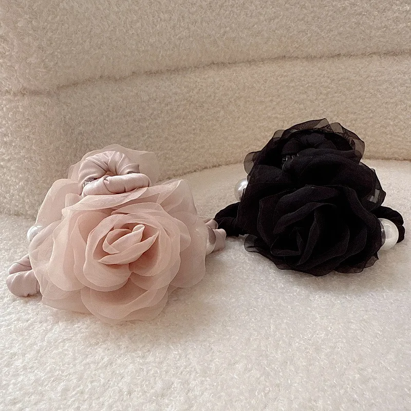 

Заколка для волос в виде розы, большая заколка-краб из шифона с жемчугом, элегантная цветочная заколка для женщин, милые аксессуары для волос