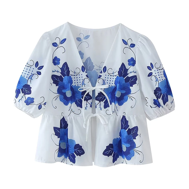 

YENKYE New Women Vintage Puff Sleeve V Neck Floral Print Shirt Front Lace Up Summer Crop Top ropa de mujer