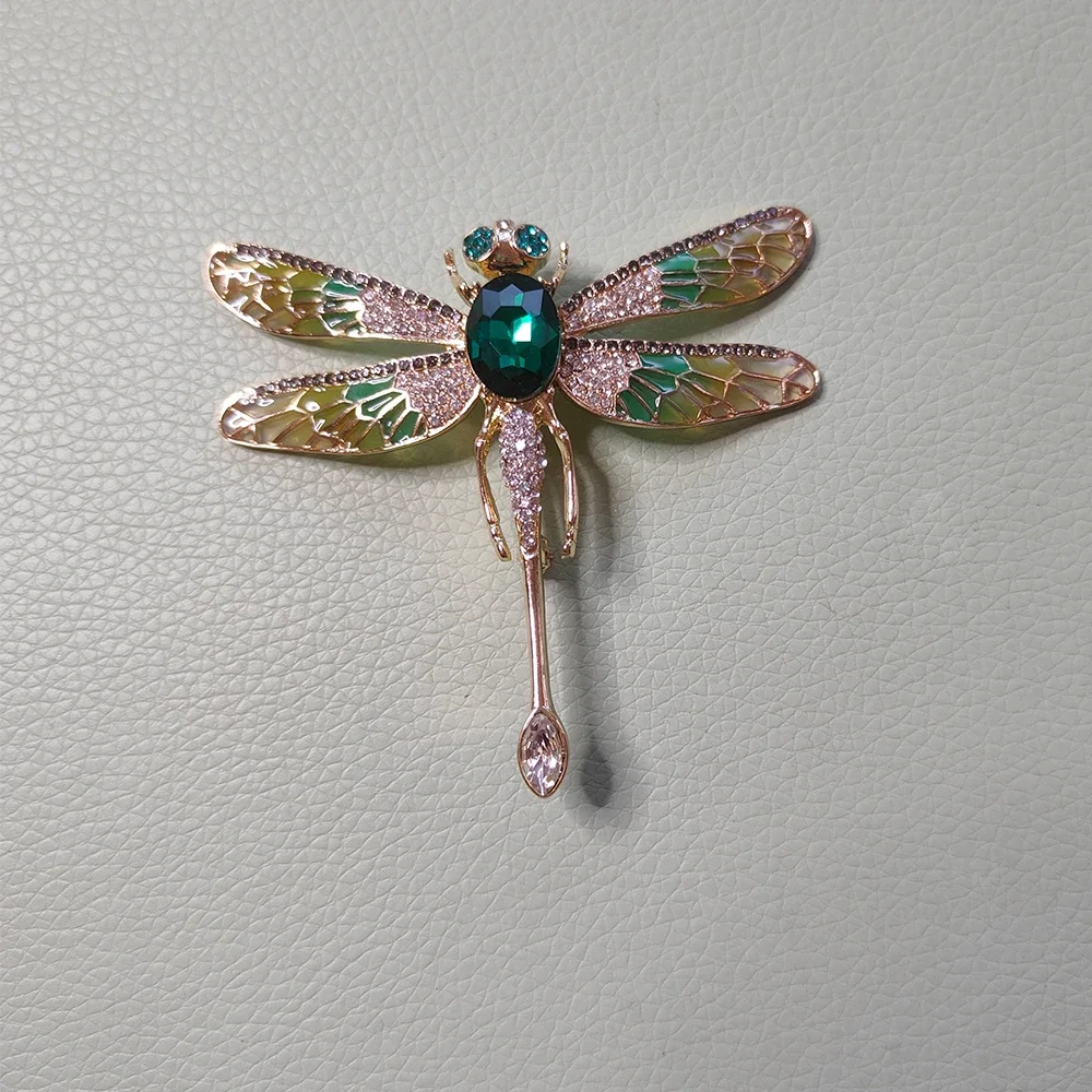 

Vintage Jewelry Green Enamel Pin Accessories Delicate Cute Insect Large Statement Crystal Rhinestone Dragonfly Brooch for Women