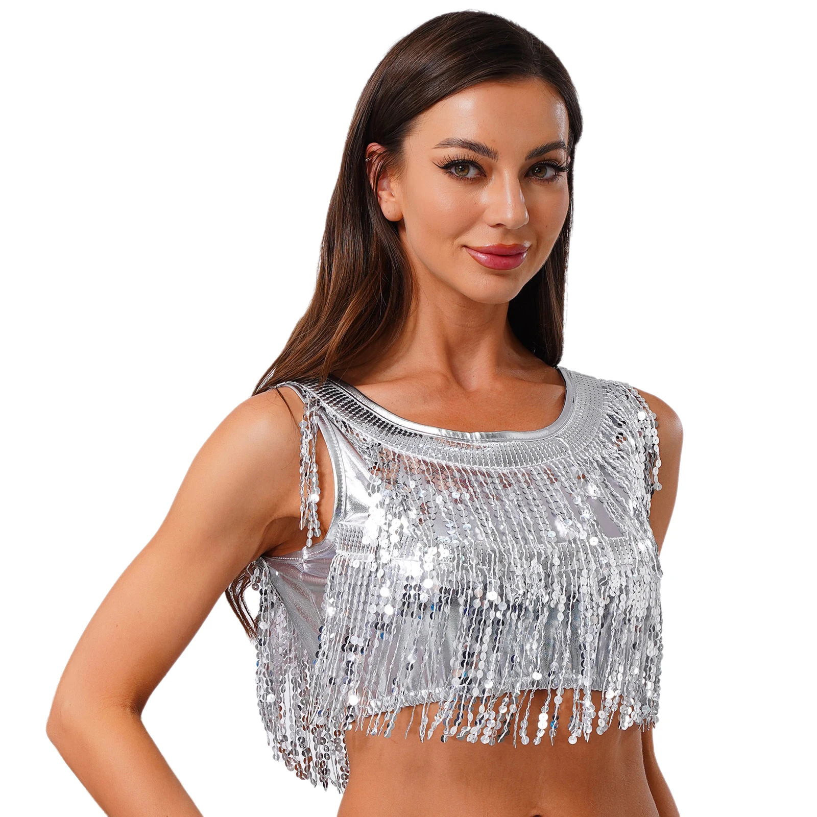 Débardeur à franges à paillettes scintillantes pour femmes, pompon métallique brillant, col rond, sans manches, coupe cintrée, haut court, chemisier de danse Disco