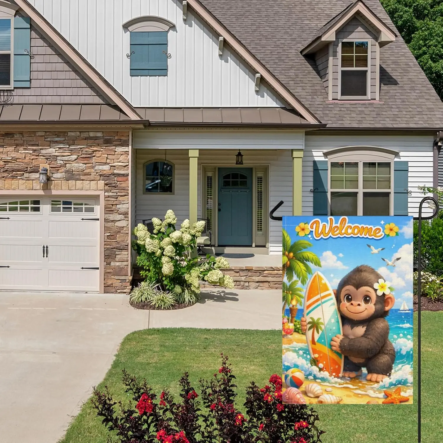 Summer Beach Funny Gorilla Welcome Garden Flag 28x40Inch,Cute Animal Surfboard Ocean Waves Seashell Starfish Coastal Yard De ZZM