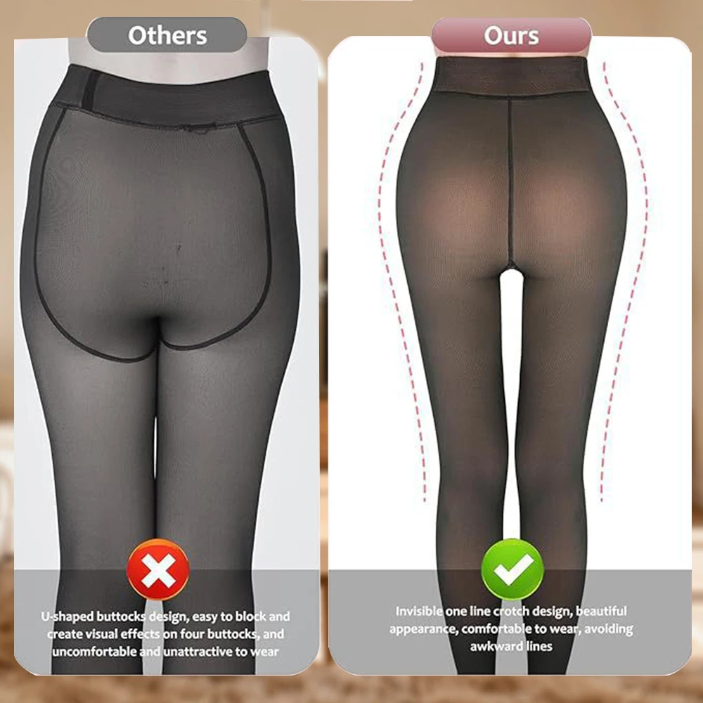 新しい女性用フリース裏地付き黒タイツ、透け感のあるフェイクシースルー、暖かい冬用パンティストッキングレギンス、厚手タイツ、見えない股間