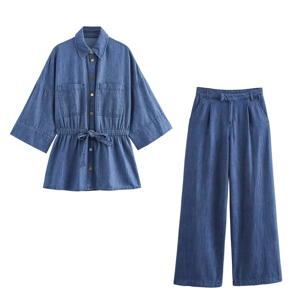 2024 Autumn European And American Style Women\'s Clothing New Fashion Casual Bow Decoration Denim Hanging Shirt Long Pants Set