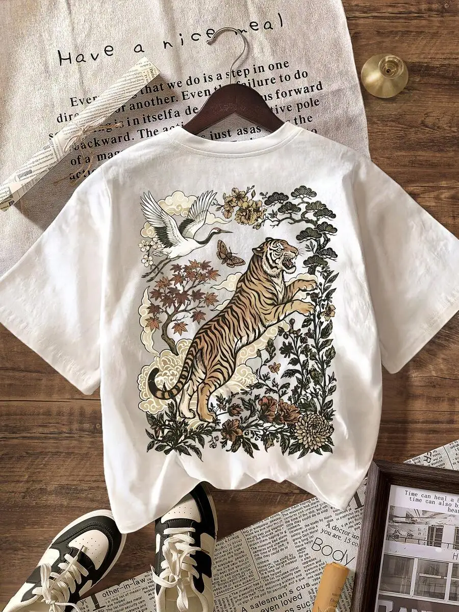 2026 Summer Oversized Vintage Washed Cotton Women T-shirt Retro Linocut Wild Tiger Boho Graphic Print All-match Street Vacation Gift Casual Tops For Tiger Lovers