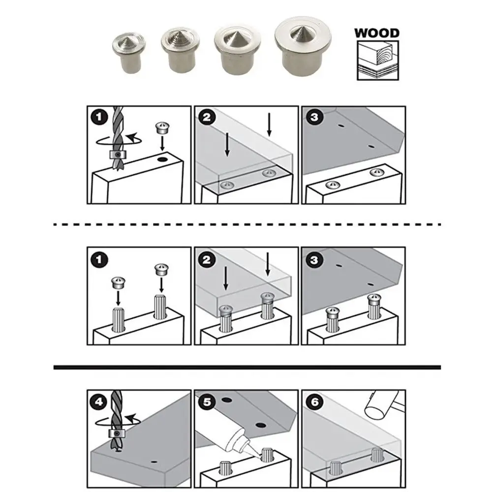 4Pcs Dowel Drill Centre Points Drill bits Set Pin Wood for Joint Alignment Tool 6mm 8mm 10mm 13mm /Solid /Hollow
