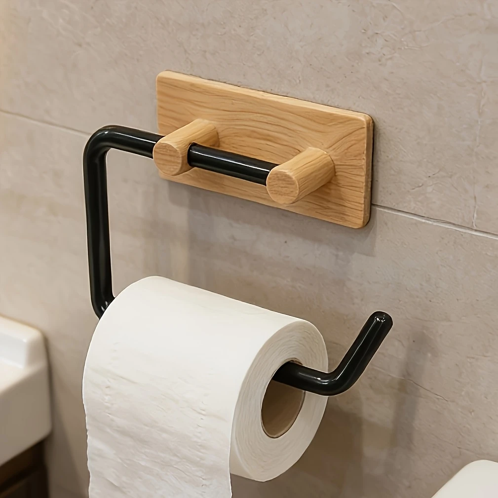 5PCS modern wall mounted toilet paper holder with wood grain technology, non perforated self-adhesive tissue holder