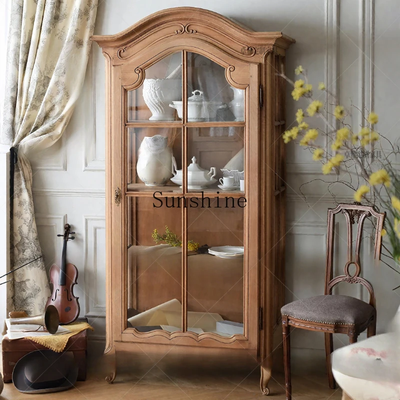 

French retro solid wood home glass display cabinet home living room engraved against the wall
