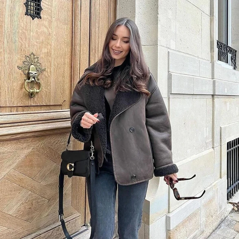 

Women's Bomber Jacket Faux Fur Leather Jacket Fall Winter Button Long Sleeve Outerwears Coat Vintage Outdoor Casual Thick Jacket