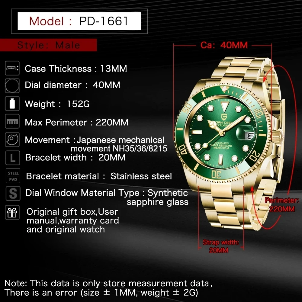PAGANI DESIGN 40mm Men\'s Mechanical Watch Sapphire Stainless Steel Gold Case Waterproof Business NH35 Watch Men PD-1661 