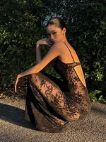 Vestido transparente con diseño de gato extraño para mujer, Espalda descubierta, estampado de flores huecas, Patchwork, liso, sin mangas, Sexy, ropa de fiesta de medianoche