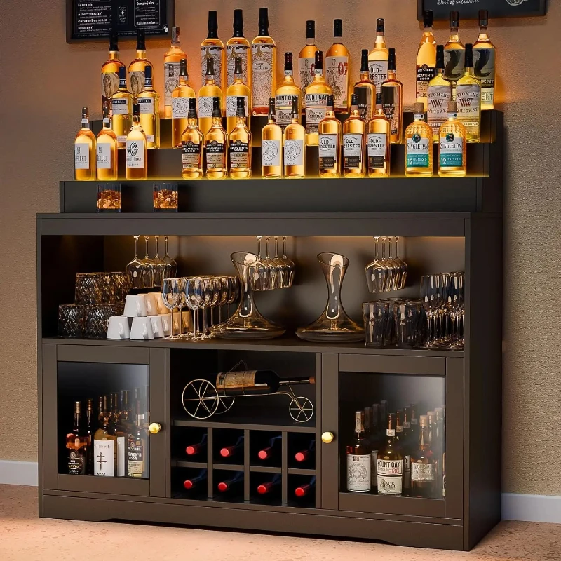 

Светодиодный винный шкаф-бар со стеклянными полками, кофейный бар для хранения алкоголя, черный буфет с дверцами