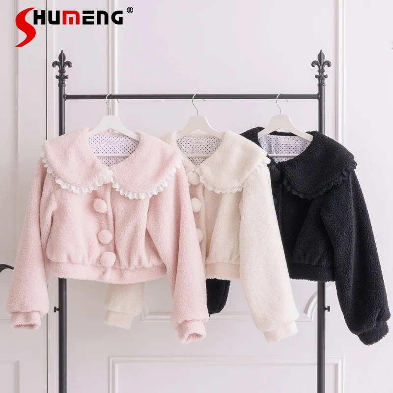 

Japanese Style Elegant Socialite Sweet Commuter Doll Collar Long Sleeve Single-Breasted Cute Short Hairy Jacket Top Women Winter