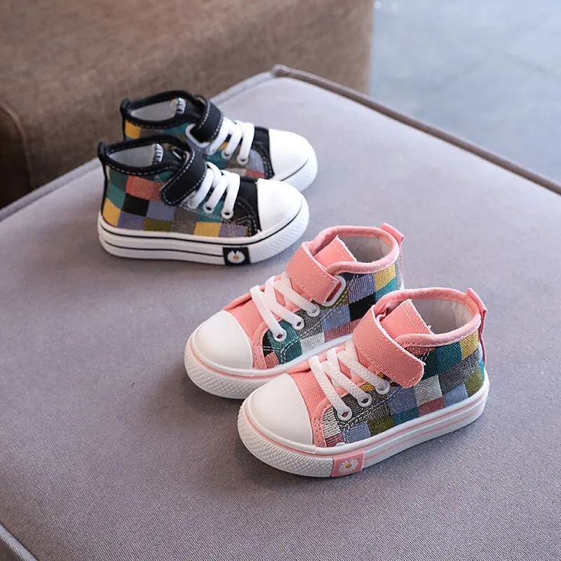 Children Sneakers Kids Casual Shoes Boys Girls Canvas Shoes High Top Checkered Lattice Fashion Breathable Soft Spring