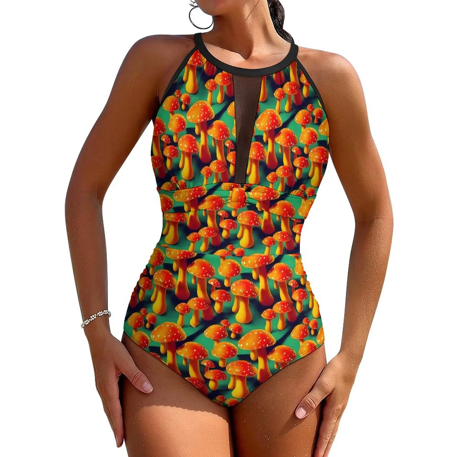 

Magic Mushroom Swimsuit Sexy Trippy Orange Mushrooms One Piece Swimwear Push Up Bodysuit Retro Vacation Bath Bathing Suit