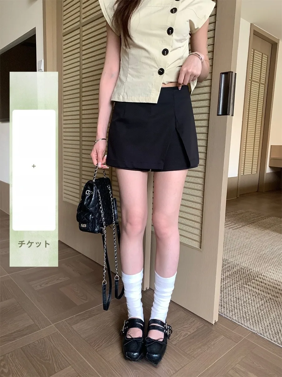 

Black Asymmetrical High Waist Short Casual Pants for Women Summer Season Straight Leg Slim Fit Trousers Small Size Friendly