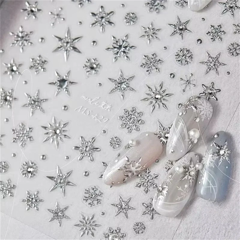 5D Laser Winter Snowflake Christmas Shiny Rhinestone Embossed Relief Self Adhesive Nail Art Decoration Sticker Manicure Decals