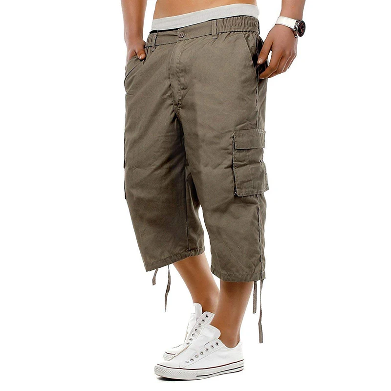 Men s Hiking Cargo Shorts Elastic Waist Relaxed Fit Knee Length Cotton Casual Outdoor Work Shorts Multi-Pockets