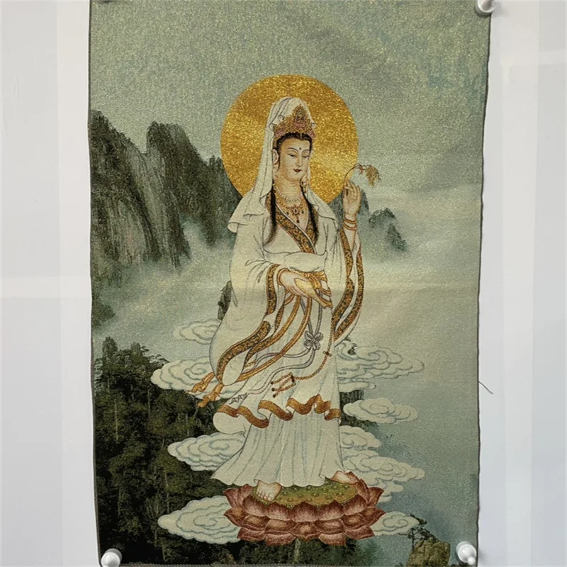 Chinese Antique Silk Brocade Tangka Pure Water Guanyin Map Embroidery Wall Art for Home Decor