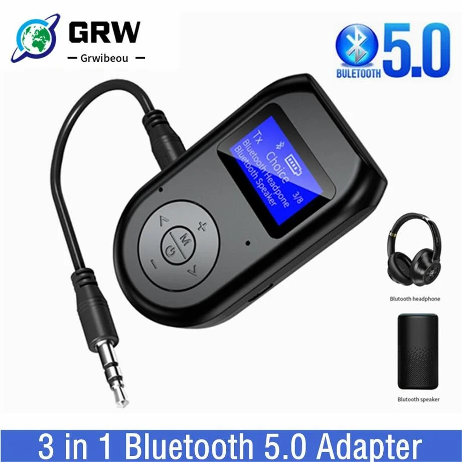 Grwibeou Bluetooth 5.0 Transmitter Receiver 3 in 1 Wireless Bluetooth V5.0 Adapter With Display Screen Low Latency Audio Adapter