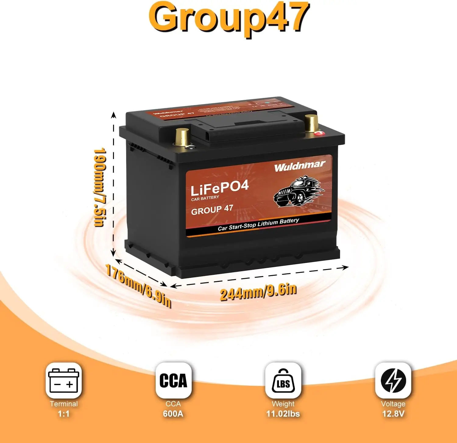 12V BCI Group 47 LiFePO4 Lithium Car Battery 600CCA Lightweight Automotive Start Stop Battery Size H5