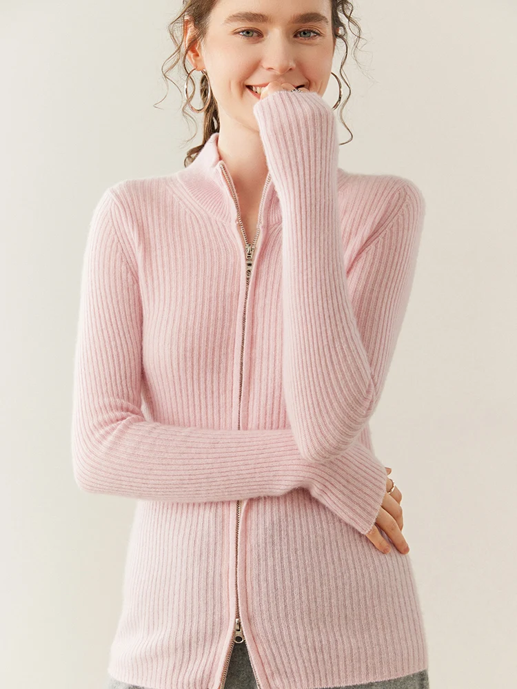 

TLOML женский тонкий кардиган на молнии, 100% кашемировый свитер, осень-зима, базовый роскошный дизайн, кашемировый вязаный кардиган с воротником-стойкой