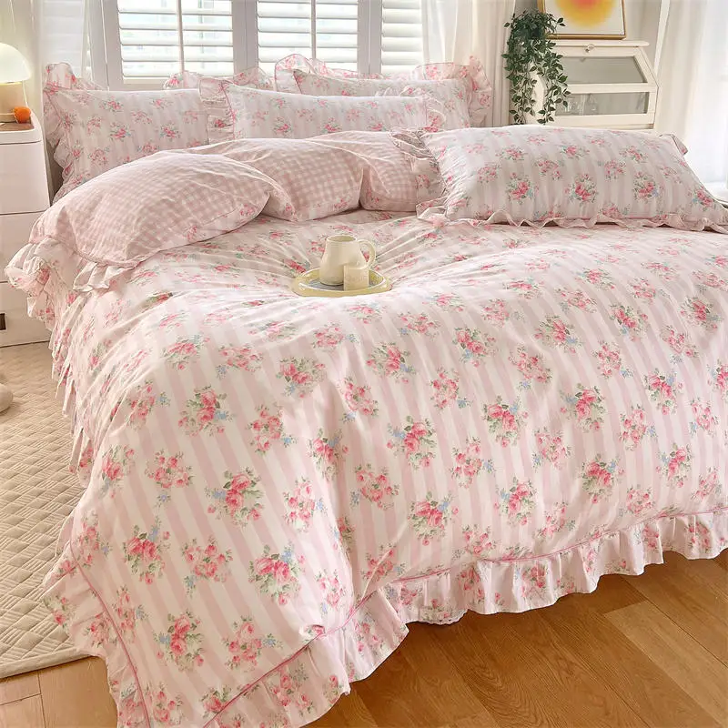 Bonenjoy Pink Color Duvet Cover with Ruffles 100%Cotton Flower Printed housse de couette for Girls Pure Cotton Bed Cover King